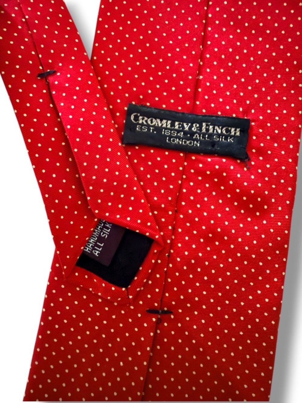 Cromley & Finch Red Polka Dot Silk Tie Vintage London Handmade - Picture 6 of 6